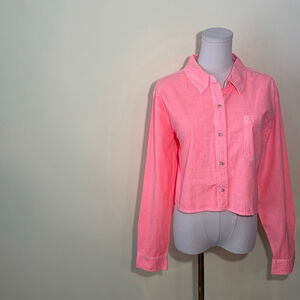 Universal Thread Women’s Coral Pink Linen Blend Cropped Button Down Shirt L
